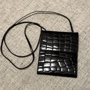 Talbots Genuine Black Leather Wallet Crossbody Bag with Croc Embossed Finish